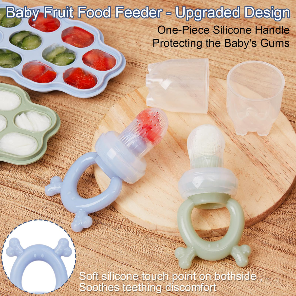 KingKam Baby Breastmilk Popsicle Molds & Baby Fruit Feeder (2 Pack), Baby Food Freezer Tray Storage Containers, Silicone Pacifier Feeder and Teether