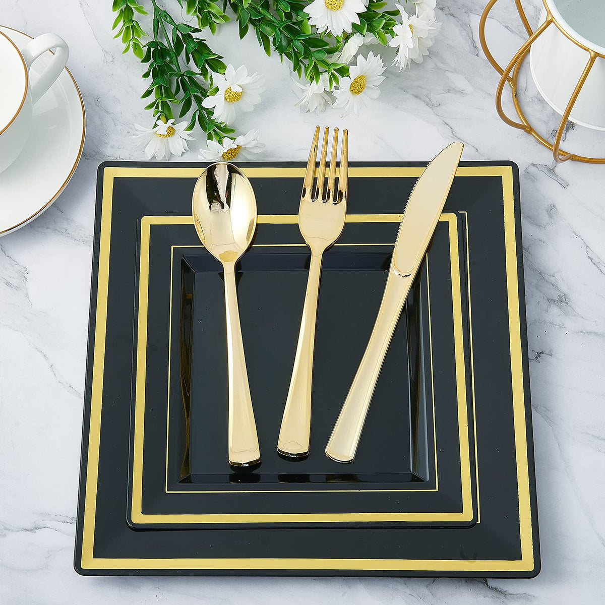 JOLLY CHEF 125 Count Square Black Gold Plastic Plates, Including 25 Disposable Dinner, 25 Dessert, 25 Knives, 25 Forks and 25 Spoons, Plastic Dinner Plates for Weddings and Parties