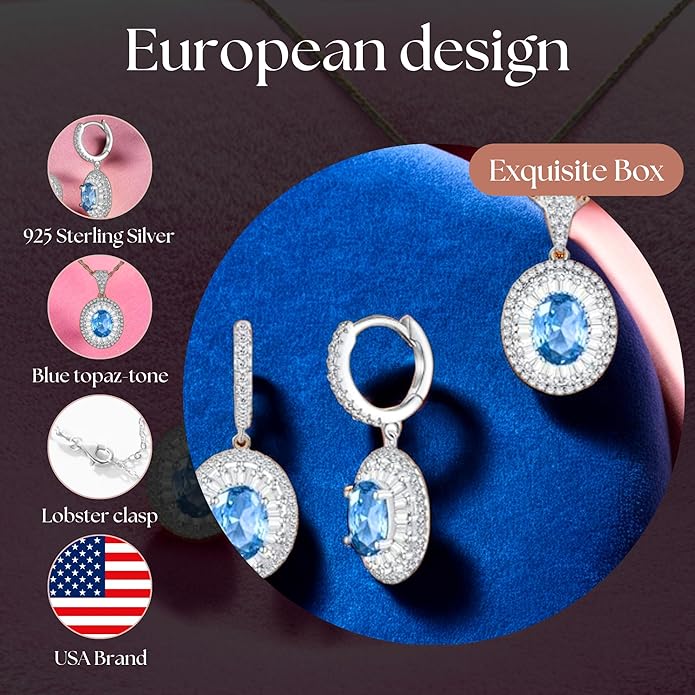 925 Sterling Silver Jewelry Set - Oval Blue Topaz-Tone and CZ Diamond Halo Necklace with Matching Earrings, Dainty Pendant Set with Exquisite Leather Box
