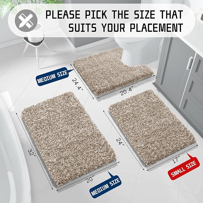 Yimobra Bathroom Rugs Sets 2 Piece, Soft Absorbent Bath Mat and U-Shaped Toilet Rug with Non Slip Backing, Machine Washable, Plush Shaggy Bath Mats for Bathroom, 24"x17"+24"x20", Light Brown and White