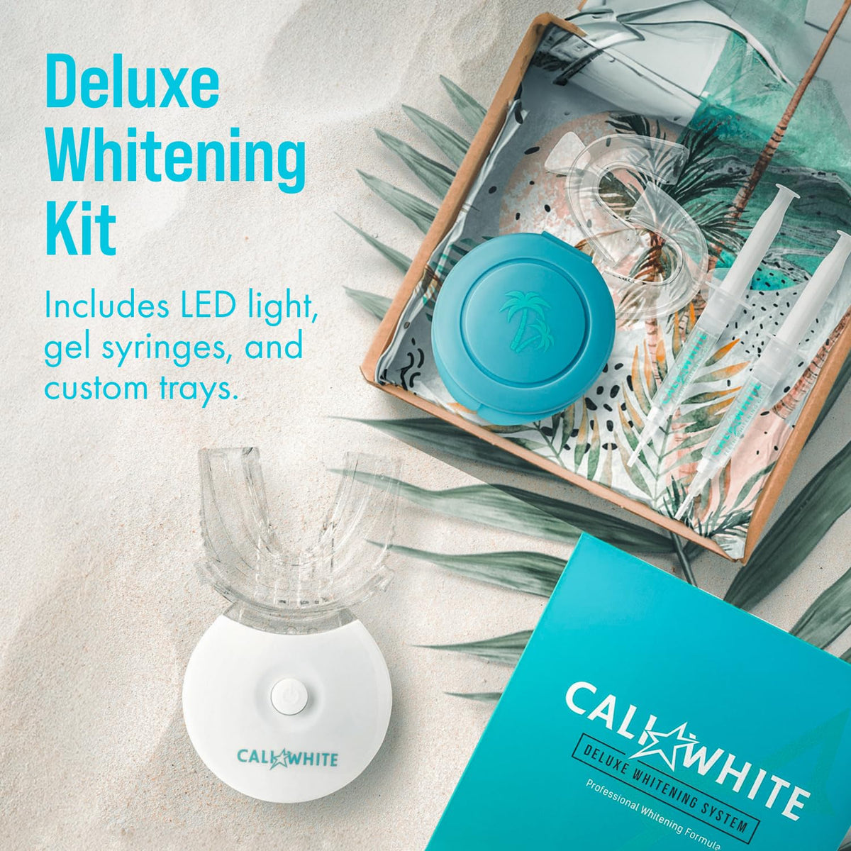 Cali White Teeth Whitening Strip Kit with LED Light and Batteries - Organic Peroxide Teeth Whitening Gel - Set of White Strips - 2x5ml Syringes, Thermoform Whitening Kit Trays and Case