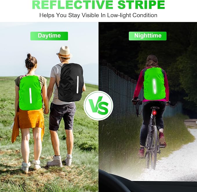 LAMA 2 Pack Waterproof Rain Cover for Backpack, Reflective Rucksack Rain Cover for Anti-Dust/Anti-Theft/Bicycling/Hiking/Camping/Traveling, L Size (for 45L-55L Backpack), 1 Pcs Black + 1 Pcs Green