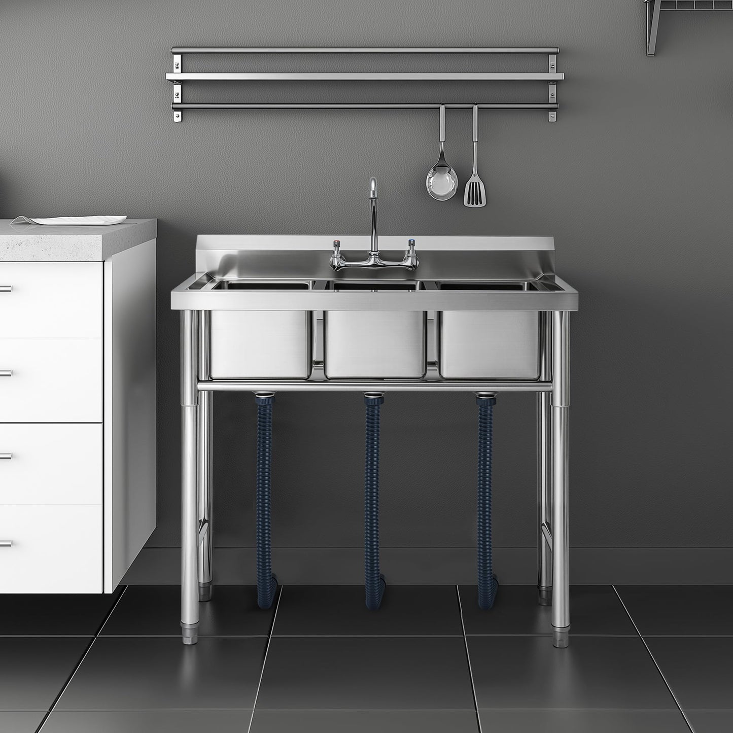 WILPREP NSF Stainless Steel 3 Compartment Commercial Sink 11x10x10 Inch Basins, Kitche Station Utility Sink for Restaurant Bar Home Laundry Room Garage