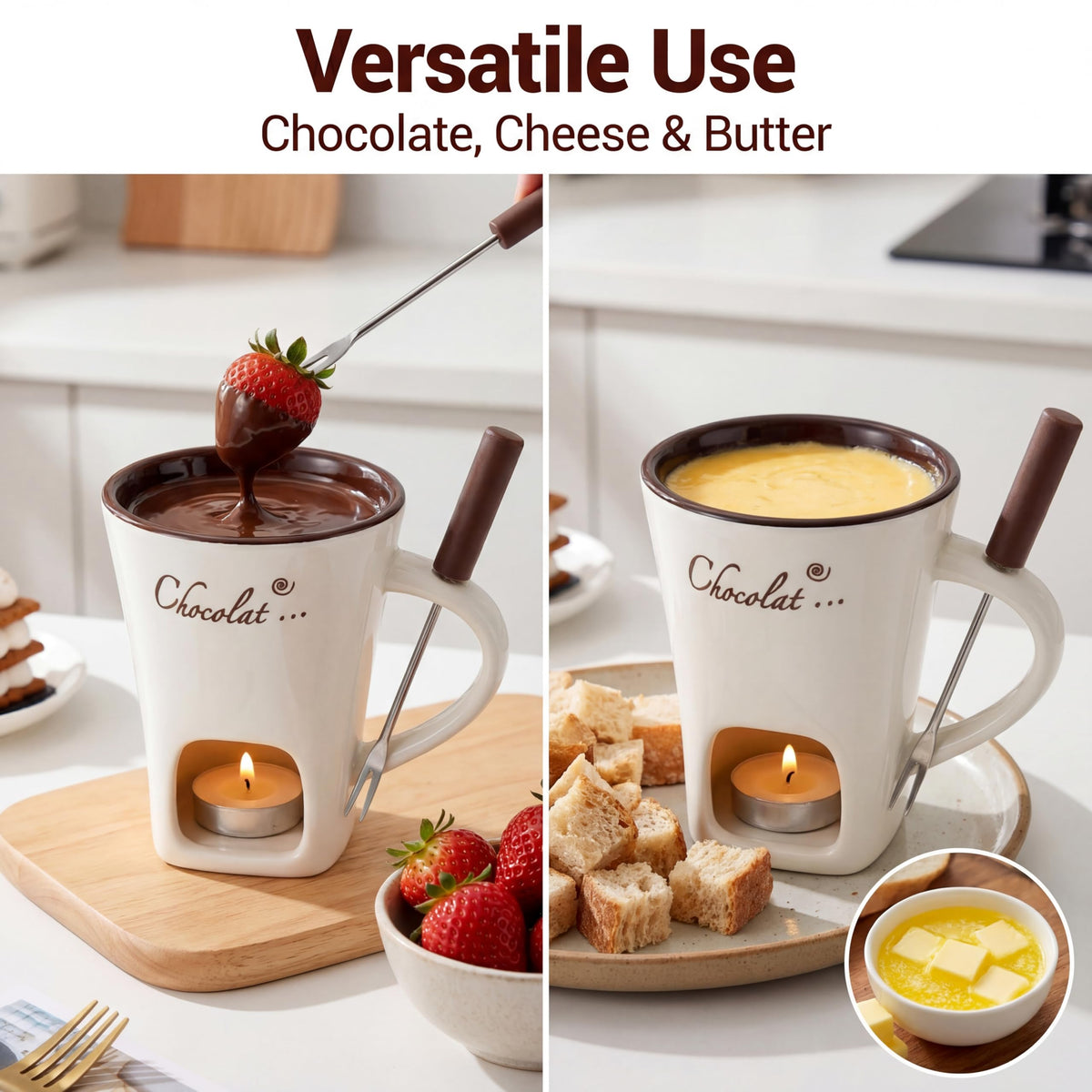 Fondue Mug Set for Chocolate Ceramic Melting Cups Tealight, Mini Fondue Pot Kit with Fork & Candle,Candy warmer, Perfect Gift for Date Nights Valentines Birthday Wedding Gift Dessert lovers (1, White)
