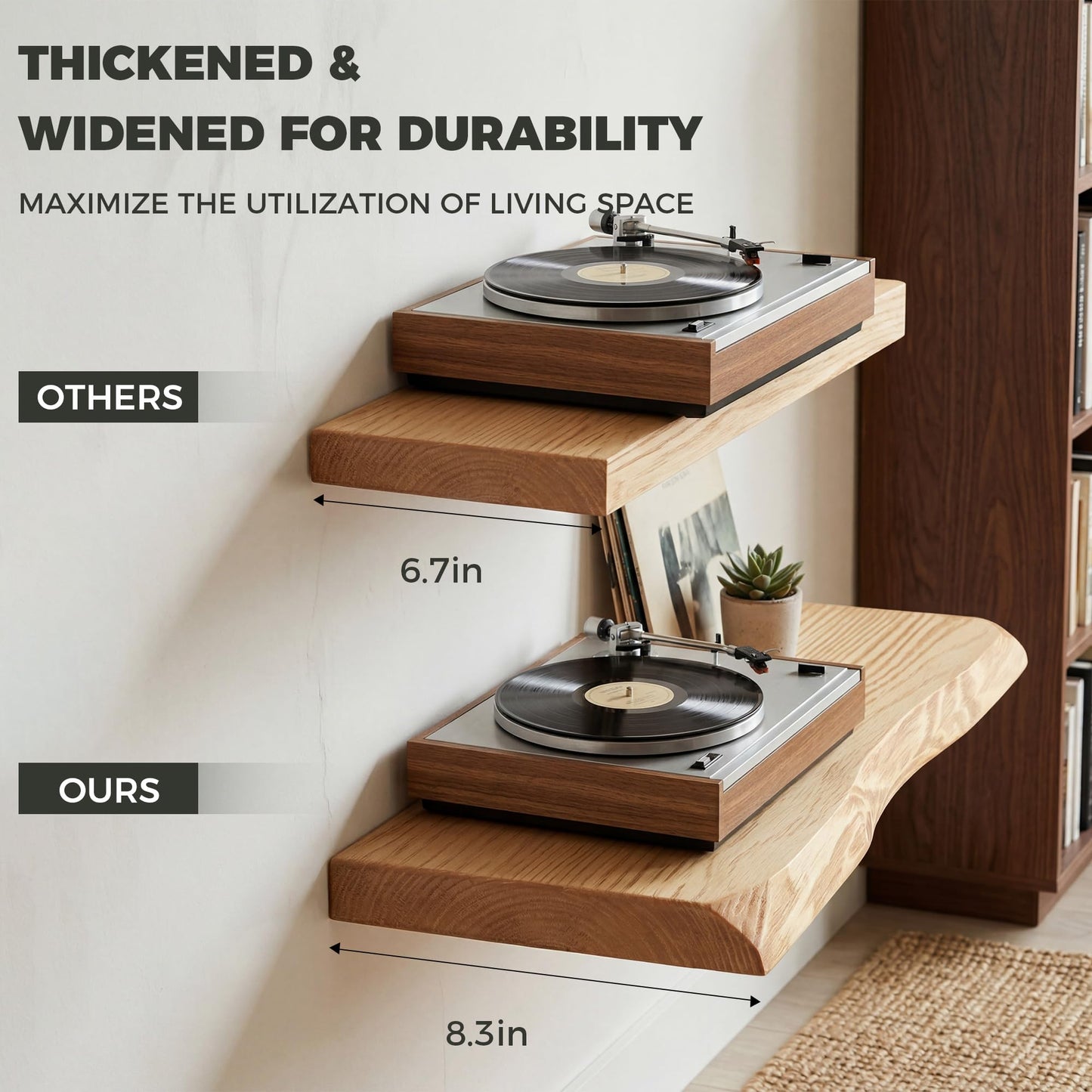 48 Inch Floating Shelves for Wall Decor, 88lbs Solid Spruce Wood Live Edge Floating Shelves, 8" Deep Rustic Wall Shelf for Bathroom Kitchen Bedroom Living Room, Invisible Bracket, Natural(Set of 1)
