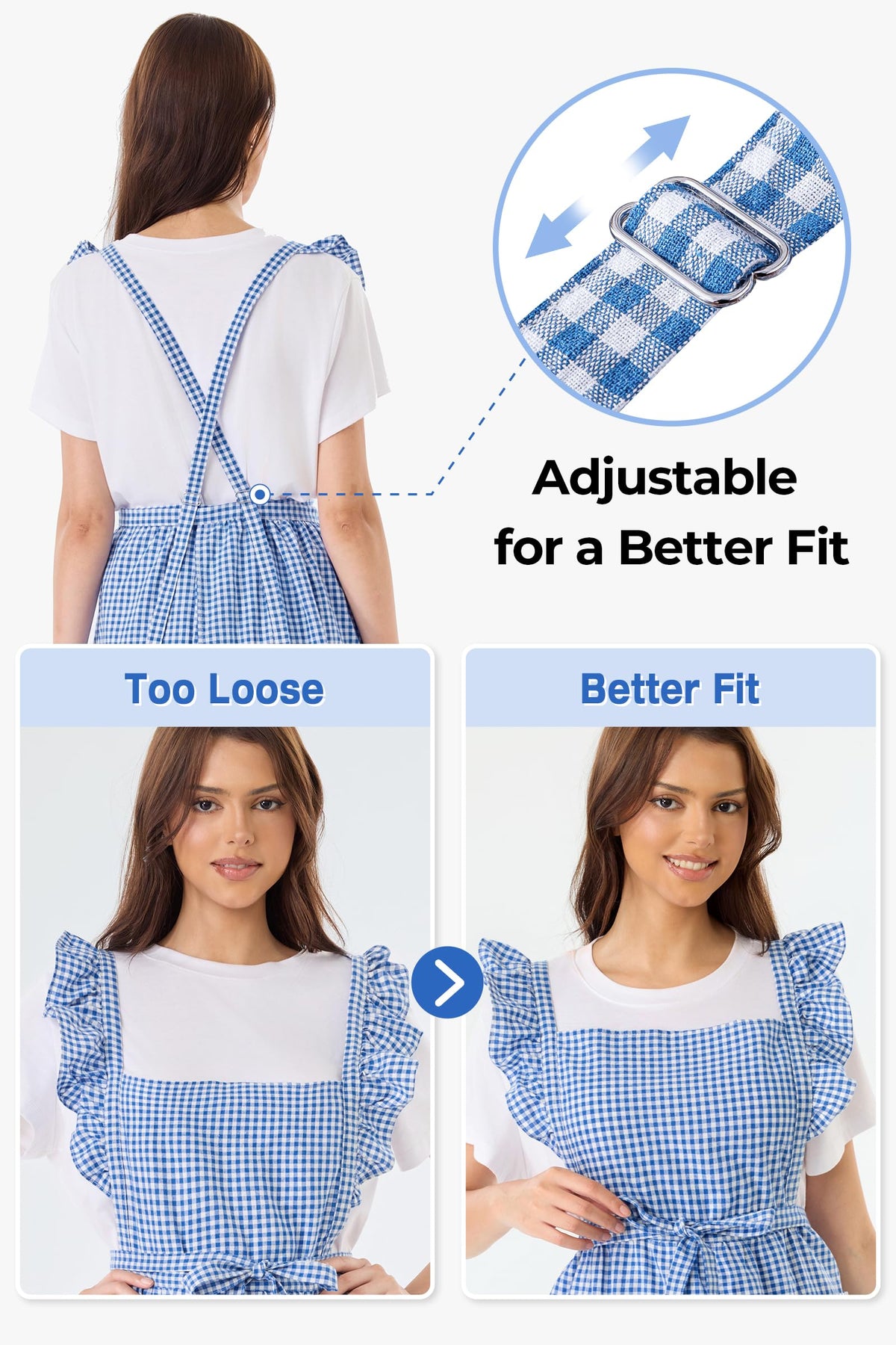 SeedBySea Vintage Gingham Apron for Women, Ruffle Straps, 2 Pockets, Cross Back, Soft Cotton, Apron Dress Style for Cooking & Baking