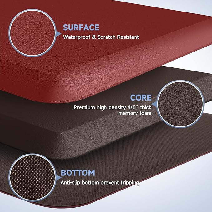 4/5 Inch Thick Kitchen Mats for Floor, StepRite Kitchen Rug for Standing Desk, Non-Slip, Thicker, Stain Resistant, Waterproof, Comfort Anti Fatigue Floor Mat for Home, Kitchen, Office - Red,70 * 24''
