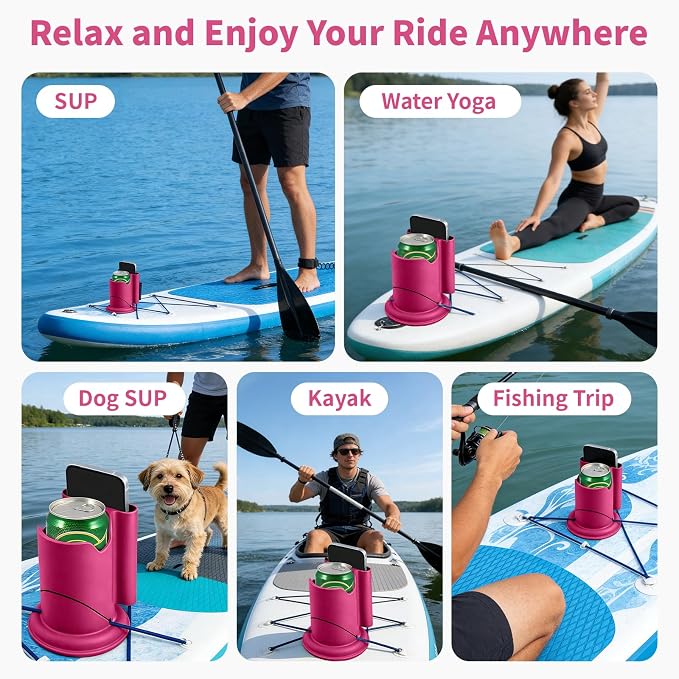 Premium 2-in-1 Paddle Board Cup Holder, Non-Slip Kayak Drink and Phone Holder with Secure Lock System, Universal Cup Holder for SUP, Boat, Surfboard, Canoes, Paddleboard Accessories (Pink)