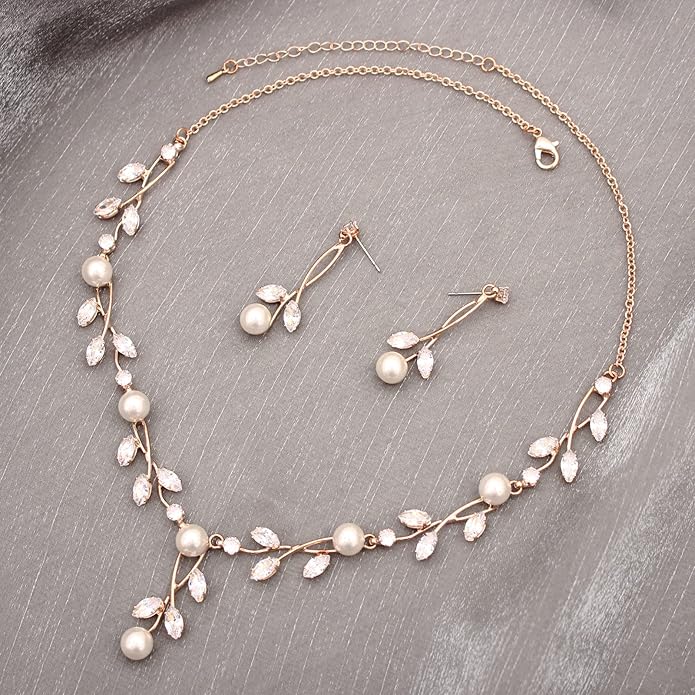 Luxury Cubic Zirconia Aurtrian Crystal Pearl Floral Necklace Dangle Earrings Wedding Bridal Jewelry Set Birthday Gifts for Her