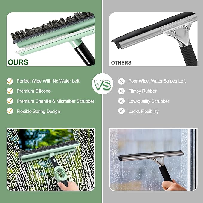 Window Squeegee Set 2-in-1 Window Cleaning Tool 73.6In Pole, Window Cleaner Squeegee for Home, Squeegee for Shower Glass, Car Window Squeegee Windshield Cleaner Tool