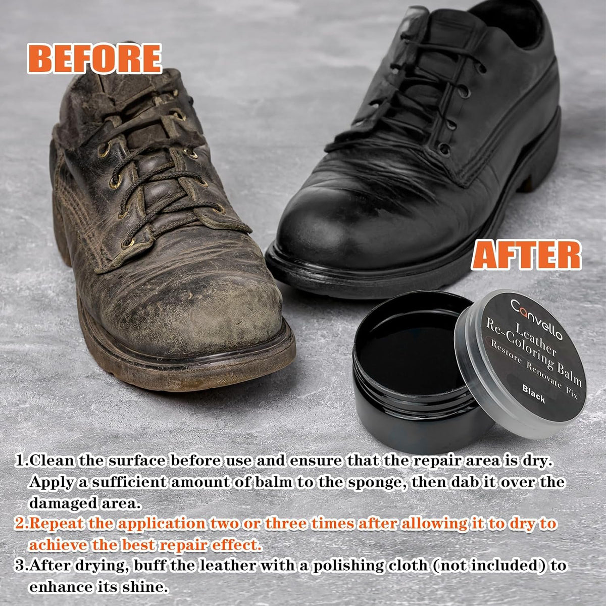 Black Leather Repair Kit, Black Leather Recoloring Balm, Leather Dye - Restore & Renew Scratch, Faded and Aged Leather & Vinyl Couches, Boots, Car Seats or Leather Furniture
