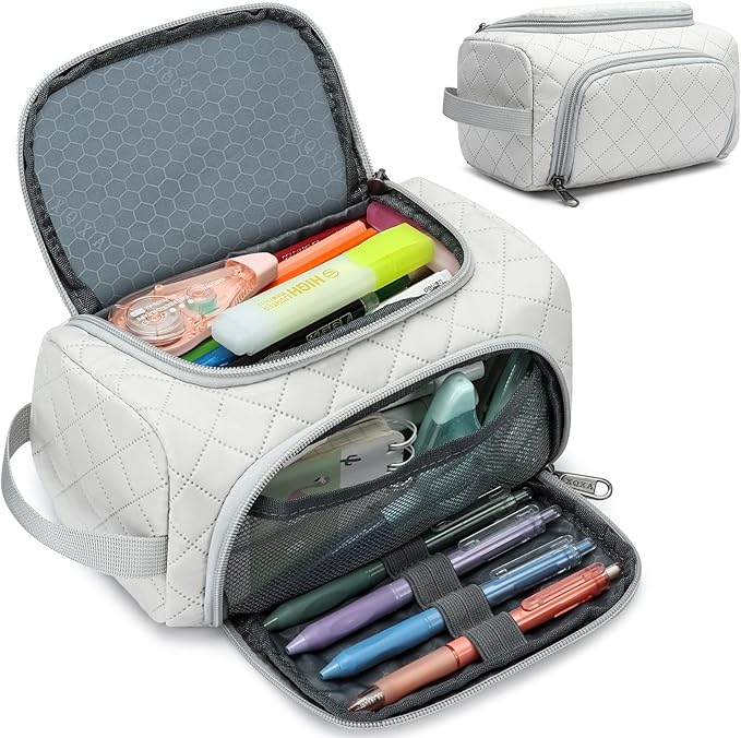 XQXA Extra Large Capacity Pencil Case Organizer, Multifunctional Pencil Pouch with Compartmens, Travel Pen Pouch Simple Stationery Pen Bag, Nylon Pencil Bag for Adults (Beige)