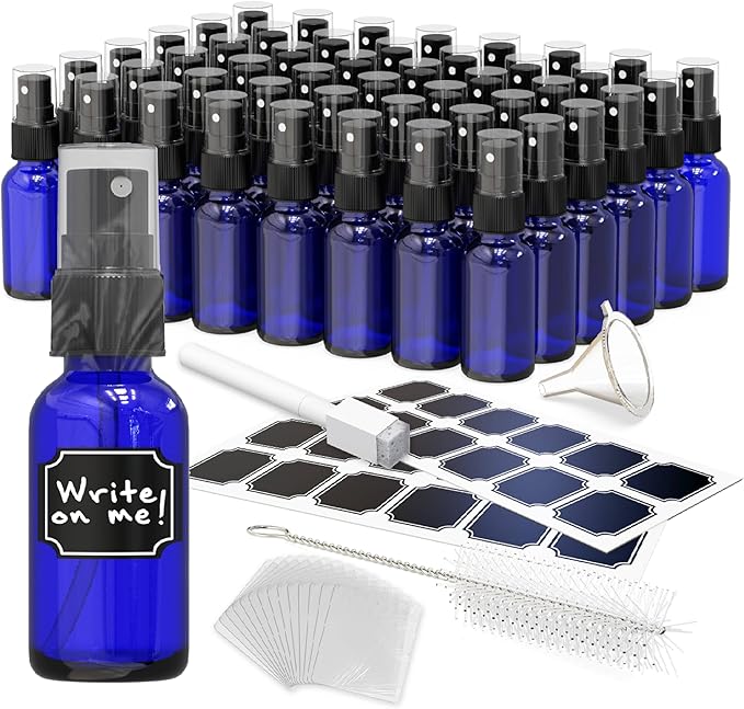 Nevlers Cobalt Blue Glass 1 Oz Small Spray Bottle 48 Pack | Misting Bottle Set w/Shrink Wrap, Funnel, Brush, Marker & Labels | Empty Spray Bottles For Essential Oils, Fragrance, Hand Sanitizer & More