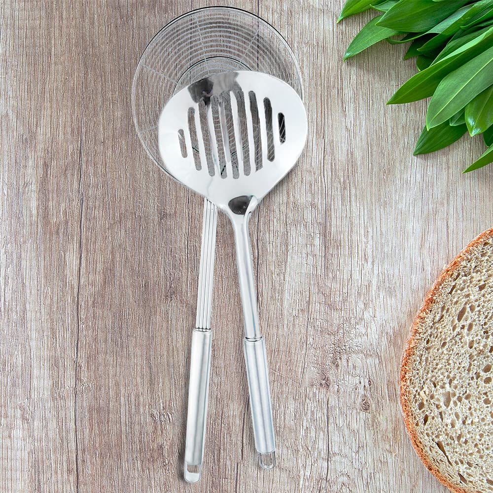 Multi Kitchen Utensil Stainless Steel Cooking Skimmer Slotted Fish Turner Spatula Spoon Colander Drain Water Filter Spoon Ladle Spider Strainer Skimmer Ladle for Cooking &Frying (2pcs)