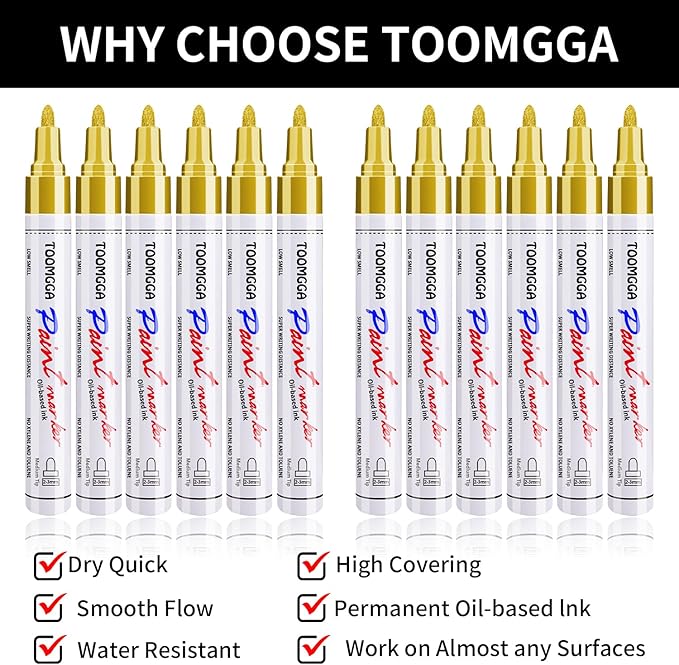 Gold Paint Pens Permanent Paint Markers 12 Pack Oil Based Markers, Quick Drying and Waterproof Marker Pen, Car Tire, Metal, Rock Painting, Wood, Ceramic, Plastic, Canvas, Mugs, Medium Tip