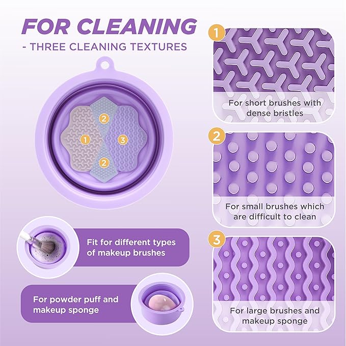 Makeup Brush Cleaner - Foldable Silicone Makeup Brush Cleaner Mat with Brush Storage Holder Makeup Brush Cleaning Bowl Cosmetic Brush Washing Tool for Cleaning Organizer and Drying (Purple and Green)