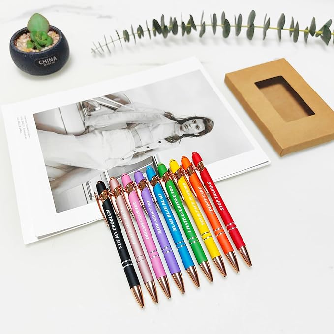 Aozora 9 Pack Ballpoint Pens Smooth Writing 2-in-1 Stylus Retractable Ballpoint Pen with Stylus tip, Office Decor Metal Stylus Pen for Touch Screens, 1.0 mm Black Ink (Funny)