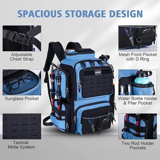 Goture Fishing Backpack,900D Water-Resistant Tackle Backpack with Rod Holders, SBS Zippers,45L Large Fishing Bag Storage Gear Tackle Bag with Rain Cover, Bottle Holder for Travel Camping Hiking