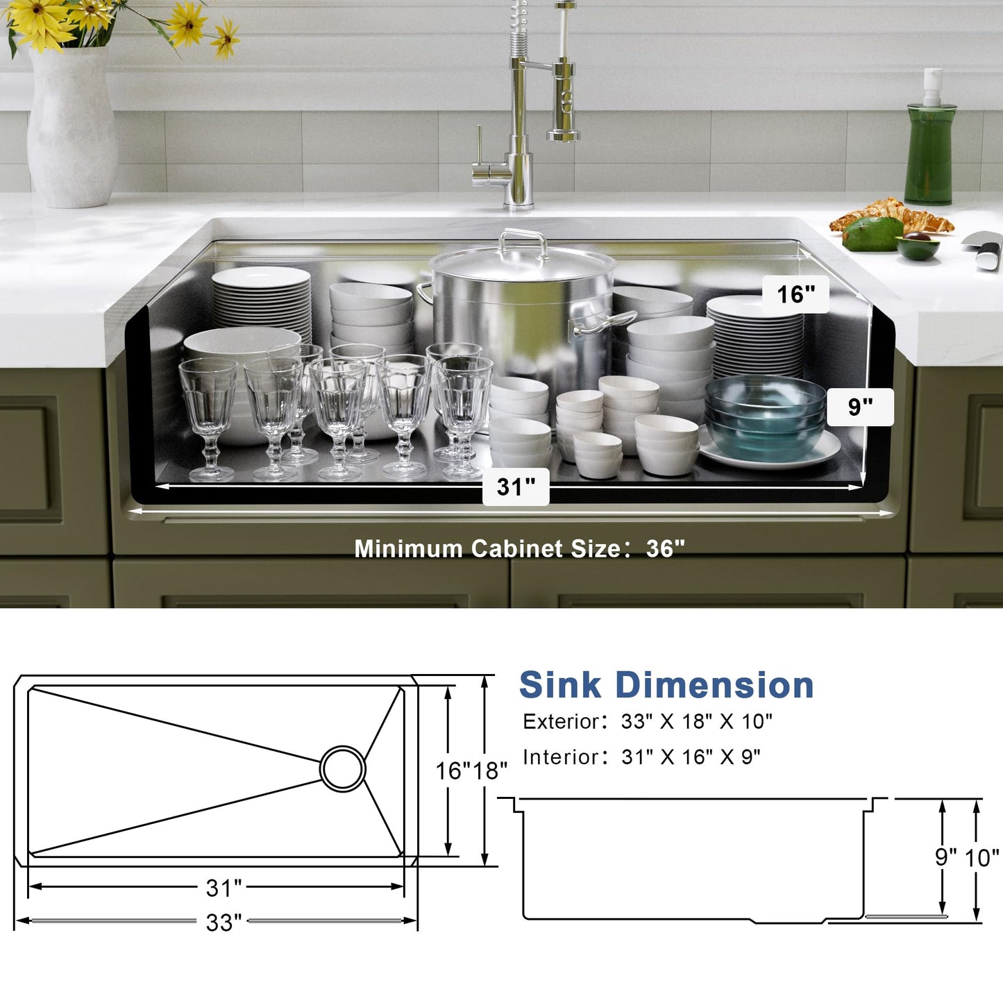 Lonsince Undermount Kitchen Sink 33 inch,16 Gauge Stainless Steel Workstation Sinks,Deep and Large Single Bowl Kitchen Sink Offset Drain (33" X 18")