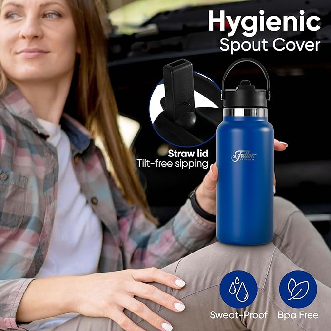 Fuller Stainless Steel Water Bottle with Straw Lid – BPA-Free, Sweat-Proof, Leak-Proof Travel Mug – Double Wall Insulated for Hot & Cold Drinks – Carry Handle (Mazarine Blue, 32 Oz.)
