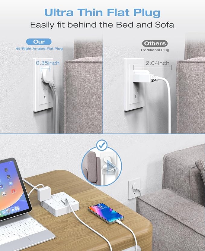 10FT Surge Protector Power Strip,12 AC Outlets with 6 USB Ports (2 USB-C), Flat Plug Extension Cord with Multiple Outlets, Wall Mount for Home Office,Dorm,White