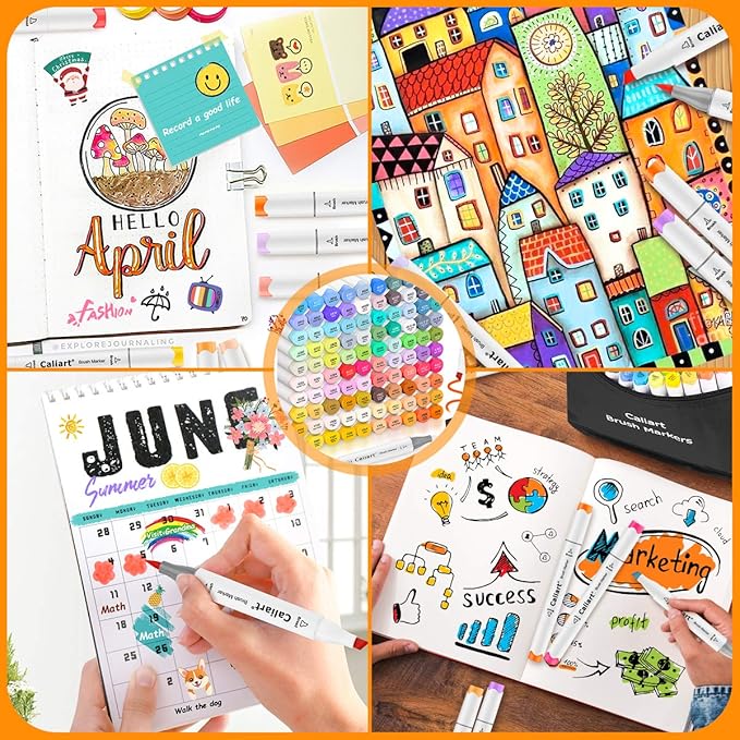Caliart 121 Colors Brush & Fine Alcohol Markers for Adult Coloring Book, Dual Tip Artist Sketch Art Markers, Aesthetic Cute Preppy Stuff School Supplies, Pens for Lettering Drawing Cards Planner