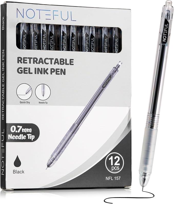 Sleek Retractable Gel pens 0.7mm Needle Tip Pen for Journaling Note Taking, School Supplies, Office Supplies and Smooth Writing (Pack of 12) (Black, 1 Count (Pack of 12))