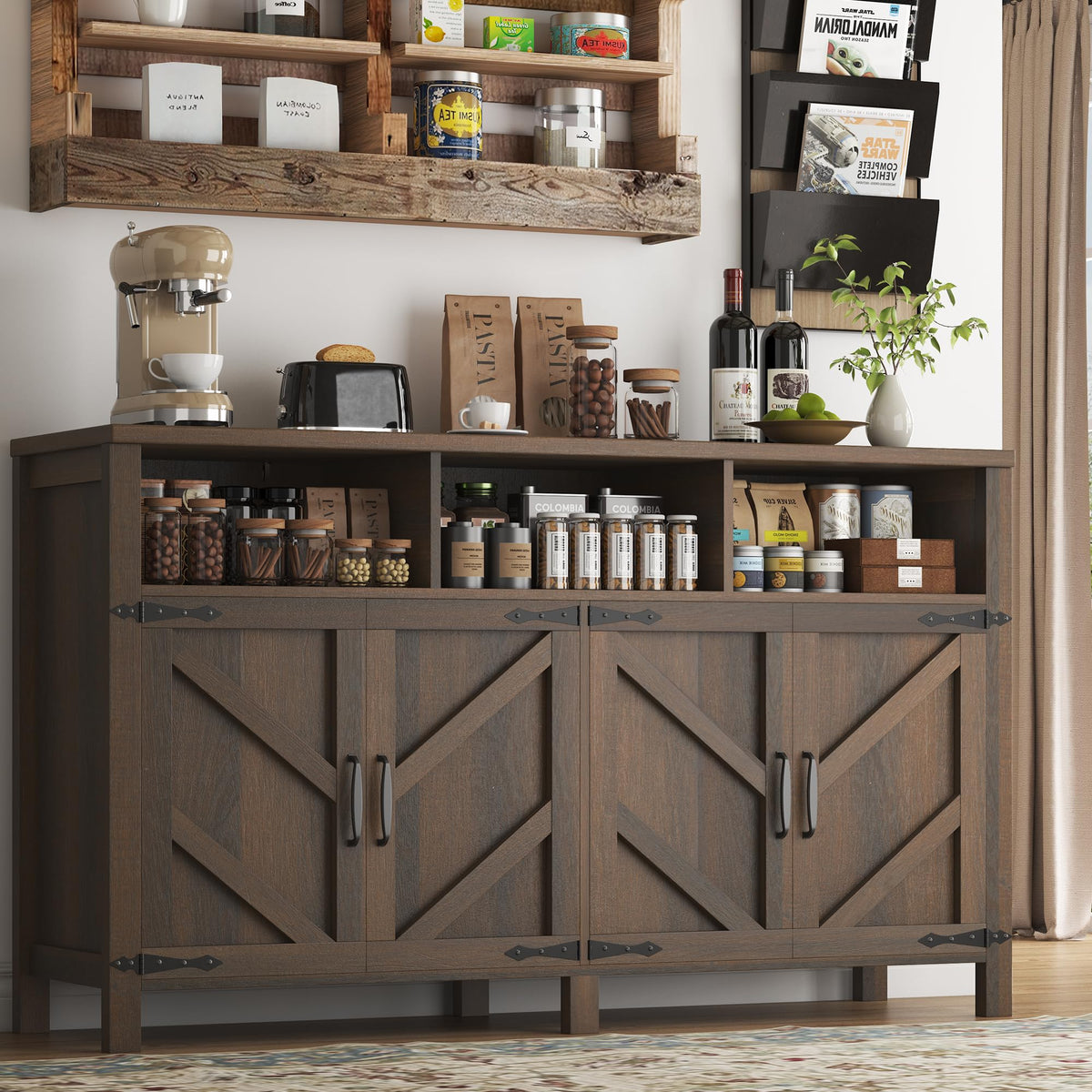 knoworld Buffet Sideboard with Storage Farmhouse with 4 Doors, 55'' Large Kitchen Storage Cabinet Wood Coffee Bar Cabinet Buffet Table with Shelves for Kitchen, Dining Room, Entryway (Brown, 55in)
