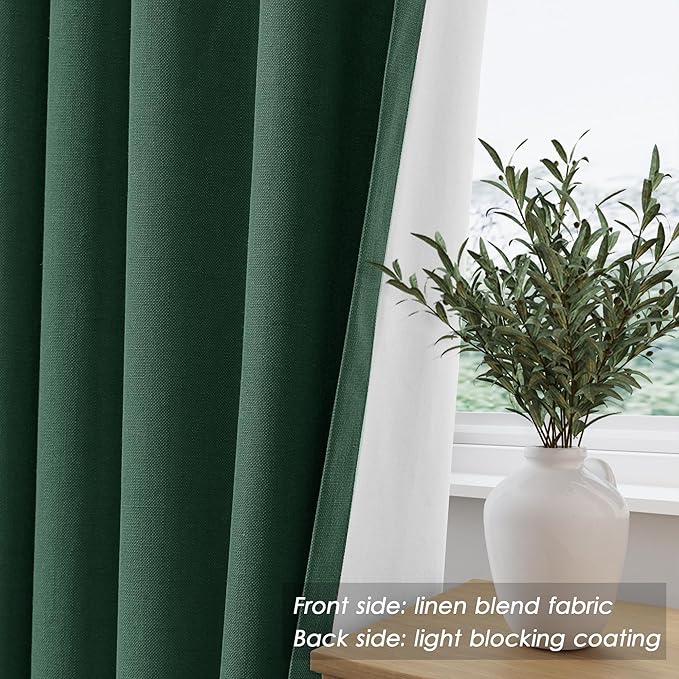 100% Blackout Linen Curtains 102 Inches Long 2 Panels Set for Bedroom Green Back Tab Black Out Curtain Modern Urban Noise Cancelling Total Light Blocking Window Curtains 102 Length 52X102 Inches