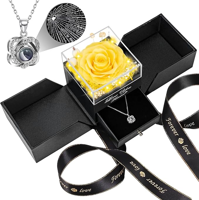 Preserved Real Rose with Heart I Love You Necklace -Eternal Flowers Rose Birthday Gifts for Her Mom Wife Girlfriend Grandma on Valentines Mothers Day Christmas Anniversary Romantic (Yellow)