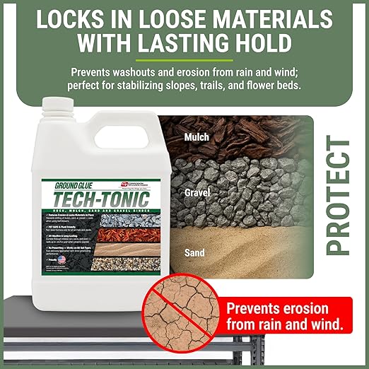 Ground Glue Tech-Tonic Landscape Adhesive for Rock, Mulch, and Sand, Weatherproof Long-Lasting Stabilizer for Trails & Slopes, Pet-Safe Binder for Pea Gravel, Bark & Flower Beds, 32 Fl. Oz.