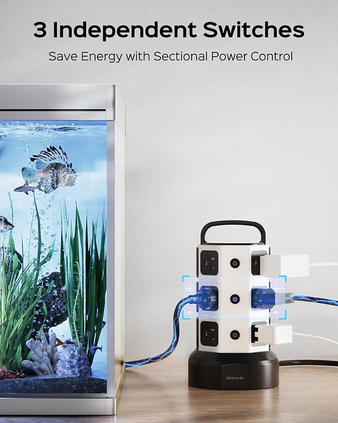 Power Strip Tower Surge Protector, JACKYLED 12 Outlets 6 USB (2 USB C) Charging Station, Extension Cord with Multiple Outlets, 1050J 1625W/13A Outlet Extender 6.5ft Extension Cord for Home Office