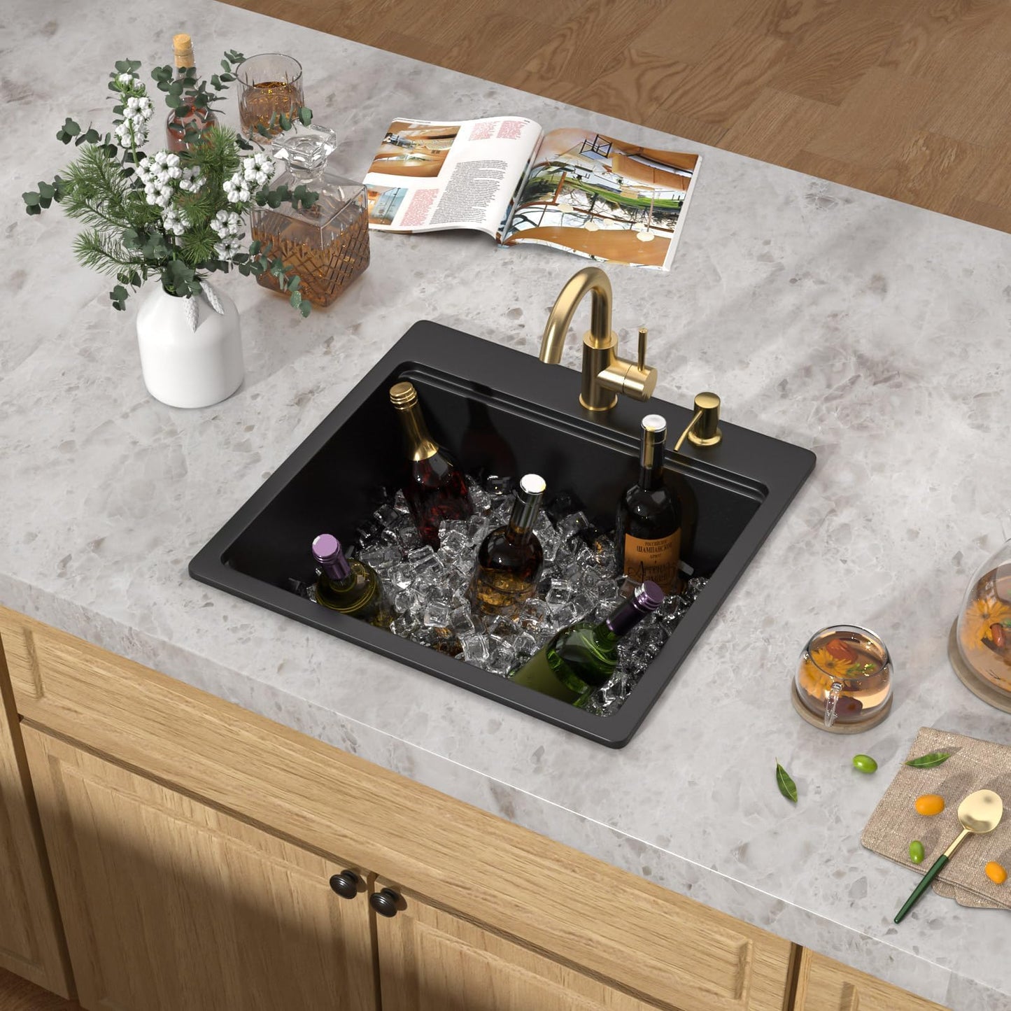 Talllor 21 Inch Drop In Bar Sink - Matte Black Granite Composite Workstation Single Bowl Small Prep Wet Sink with All-In One Gold Accessories & Cutting Board for RV, Kitchen Bar, and Boat#TLGT-130