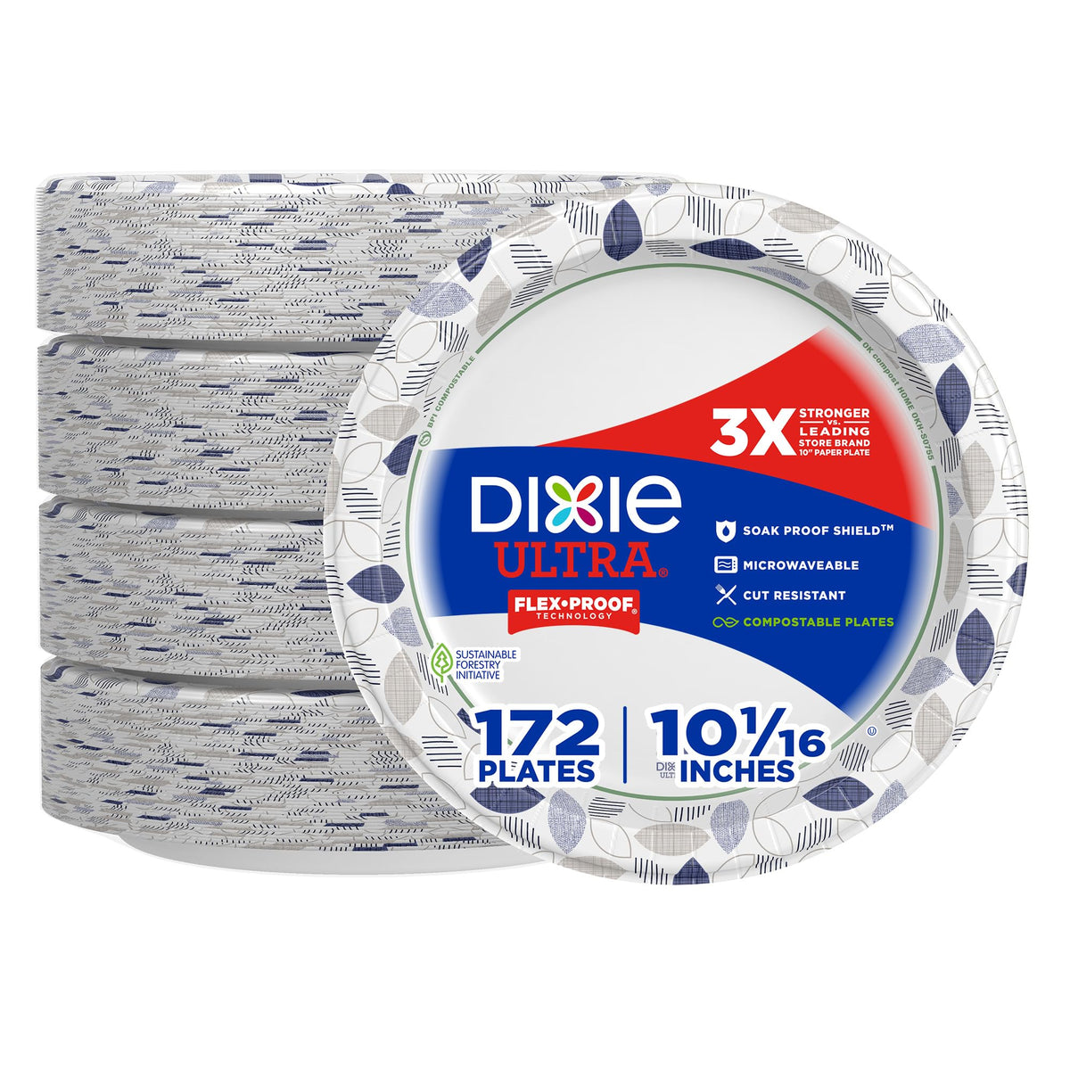 Dixie Ultra, Large Paper Plates, 10 Inch, 172 Count, 3X Stronger*, Heavy Duty, Microwave-Safe, Soak-Proof, Cut Resistant, Disposable Plates For Heavy, Messy Meals
