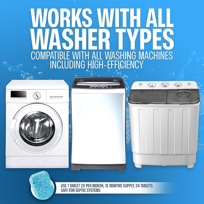 Sudstainables Washing Machine Cleaner Tablets (24-Pack) – Deep Clean Odor & Residue Remover for Front & Top Load Washers, HE & Septic Safe Washing Machine Tub Cleaner for Long-Lasting Freshness