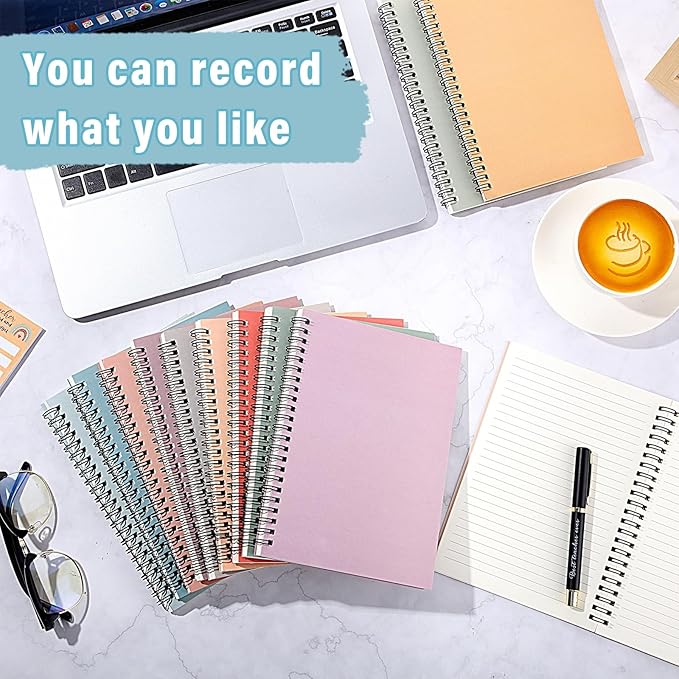 Fuutreo 12 Pcs Spiral Notebook for Work A5 8.3 x 5.7 Inch College Ruled Spiral Journal Notebook Kraft Cover Ruled Paper, 12 Color, 60 Sheets, 120 Pages for Office School(Vintage Color)