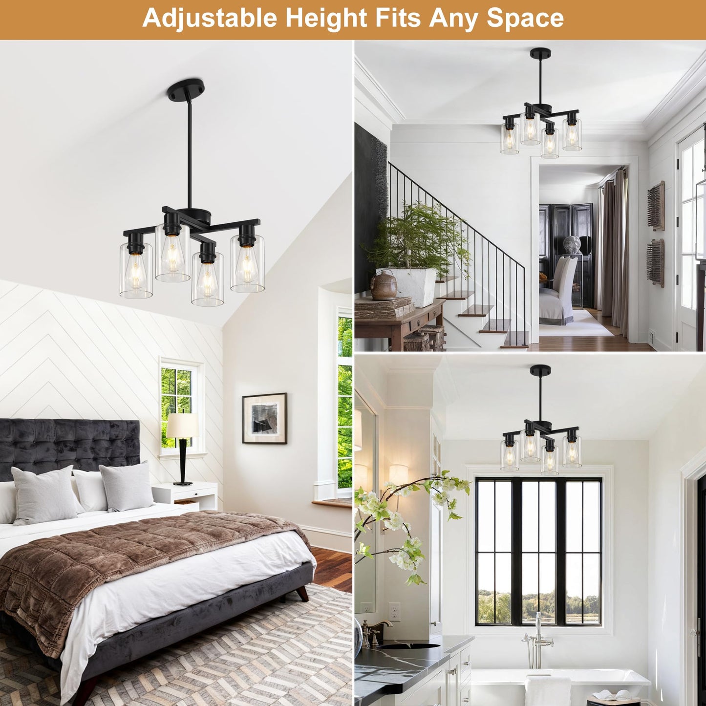Xeruyiwa 4-Light Black Modern Farmhouse Chandelier, Adjustable Height Pendant Lighting for Kitchen Island & Dining Room, Industrial Hanging Fixture with Clear Glass Shade for Entryway Foyer Bedroom