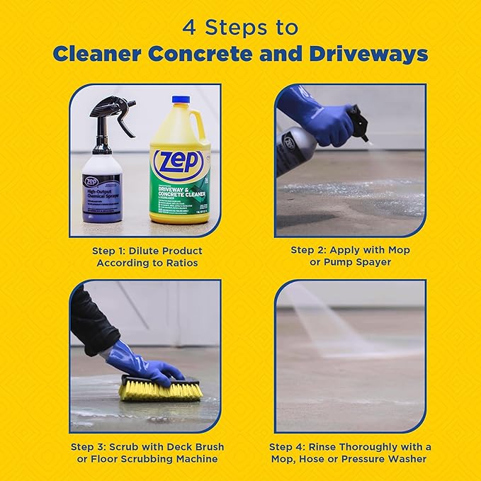 Zep Driveway, Masonry and Concrete Cleaner and Degreaser Concentrate - 1 Gallon (Case of 4) ZUCON128 - Construction Grade Degreaser Removes Grease, Dirt, and Oil Stains on Concrete, Brick, Asphalt,