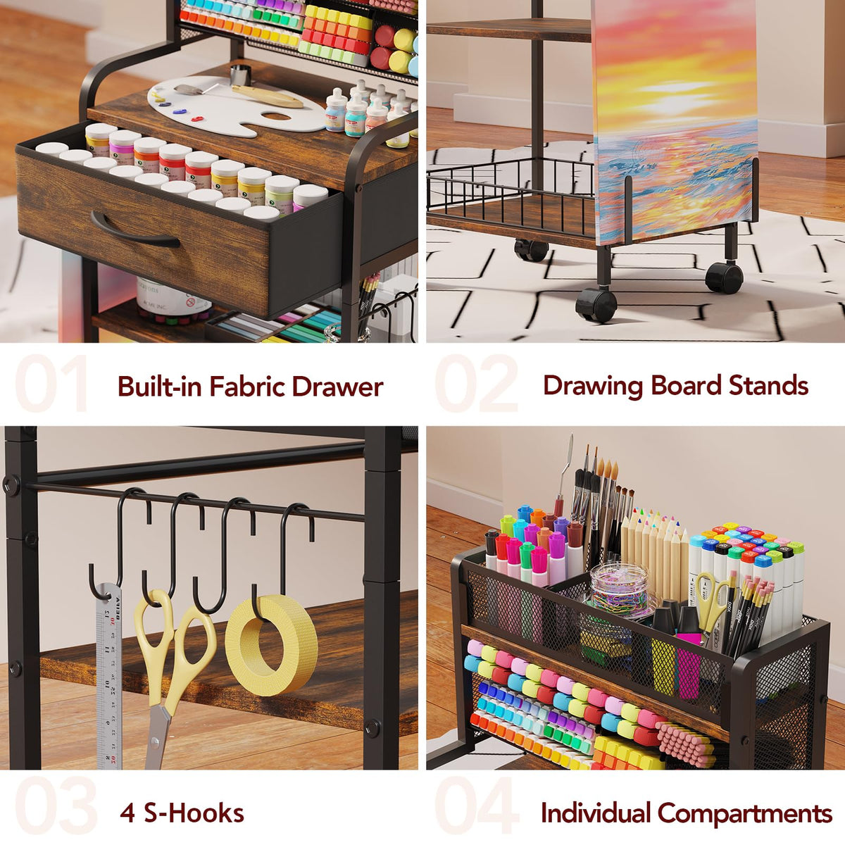 Homsorout Art cart, 3 Tier Rolling Cart - Utility Cart with Storage Drawer and Wheels, Versatile Art & Craft Organizer for Home, Office, or Studio Ideal for Storing Brushes, Paints （Brown）