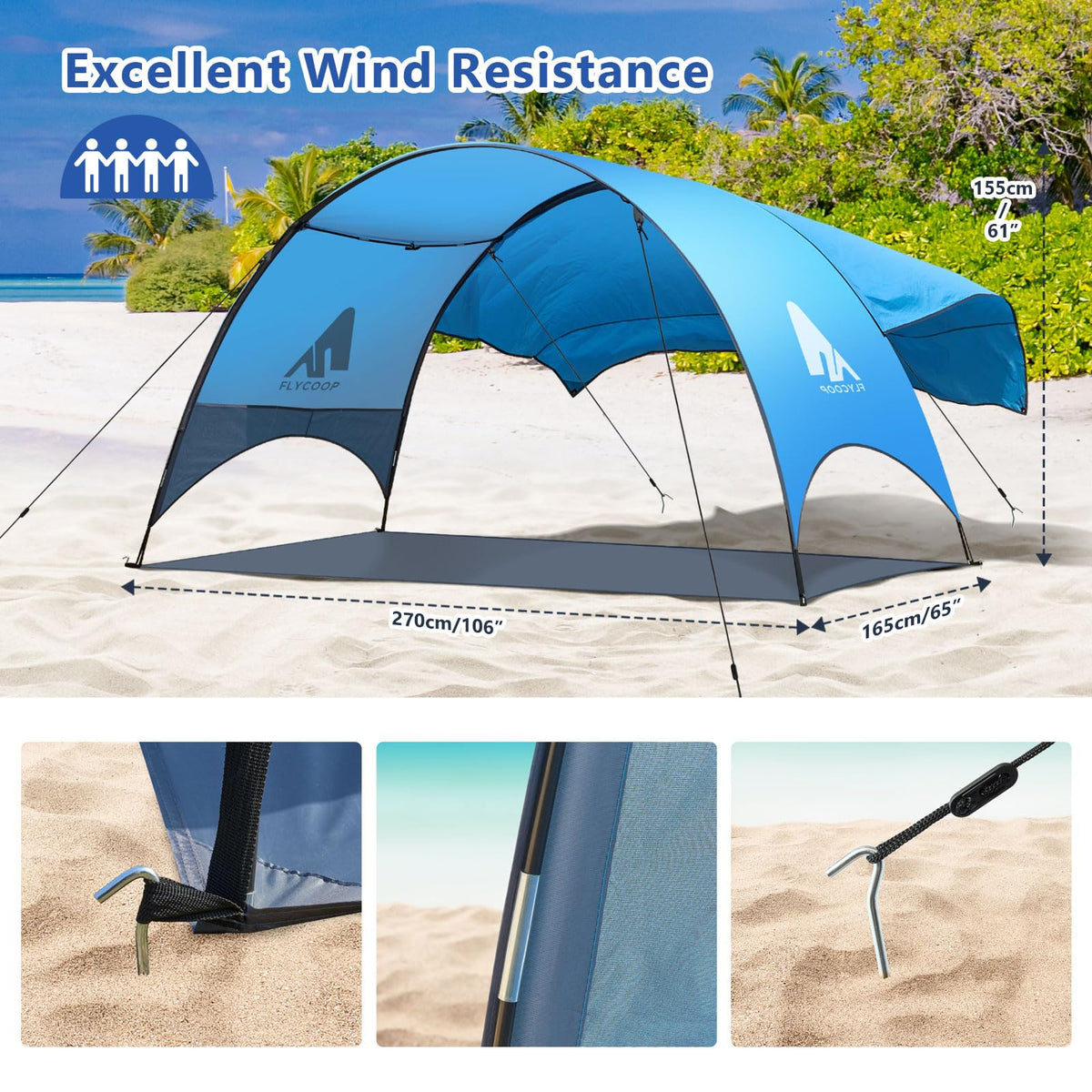 Beach Tent - Beach Shade Canopy Compact Fold (16.9x3.9″), Own Patent, 360° Ventilation, Large Side Storage Pocket, UV Protection Portable Sun Shelter for Beach (Blue, 106*65*61″ with 74.8*98.4″ sail)