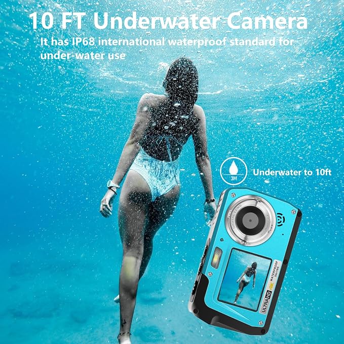 4K Underwater Camera, Full HD 4K&48MP Compact Floatable Camera, 10FT Waterproof Camera for Snorkeling, Surfing, Rafting, Dual-Screen for Selfie/16X Digital Zoom/Fill Light/Support 128GB Card(Blue)