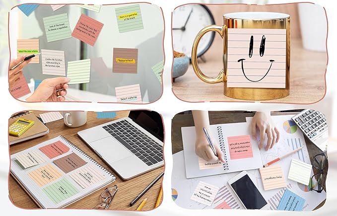 (18 Pack) Lined Sticky Notes 3x3 in Post, Vintage Colors, Sticky Pads, Strong Adhesive, Recyclable, Self-Stick Pads, Easy to Post for Home, Office, Notebook