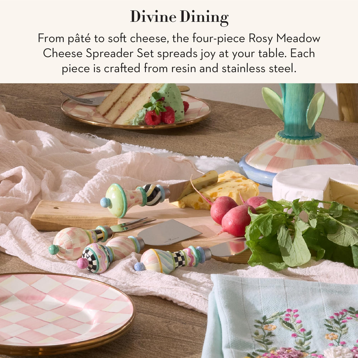 MACKENZIE-CHILDS Set of 4 Cheese Spreader Set, Stainless-Steel Butter Spreaders, Rosy Meadow