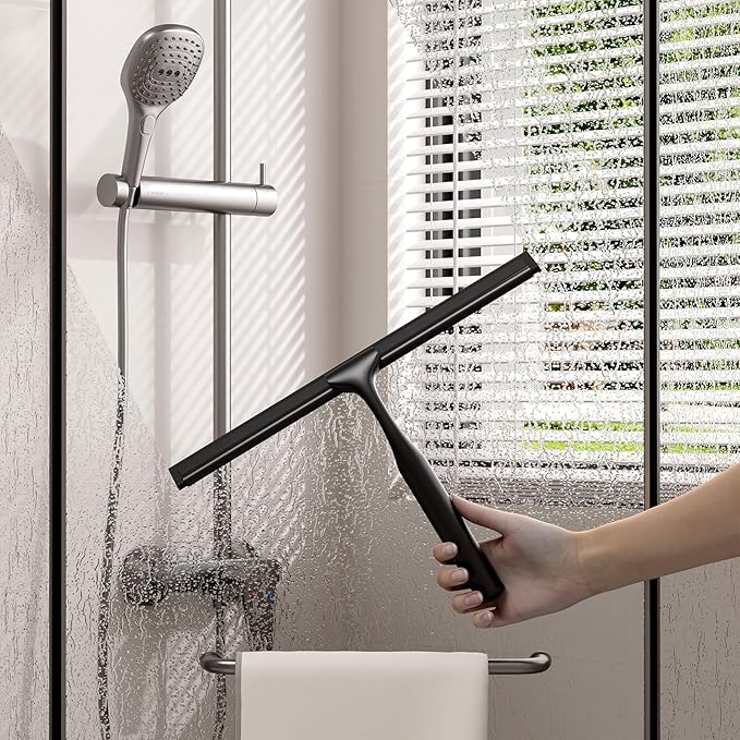 Stainless Steel Shower Squeegee for Glass Doors, Multi-Purpose Squeegee for Shower Glass, Bathroom and Car Windows, Squeegee with Adhesive Hook-10”, Black