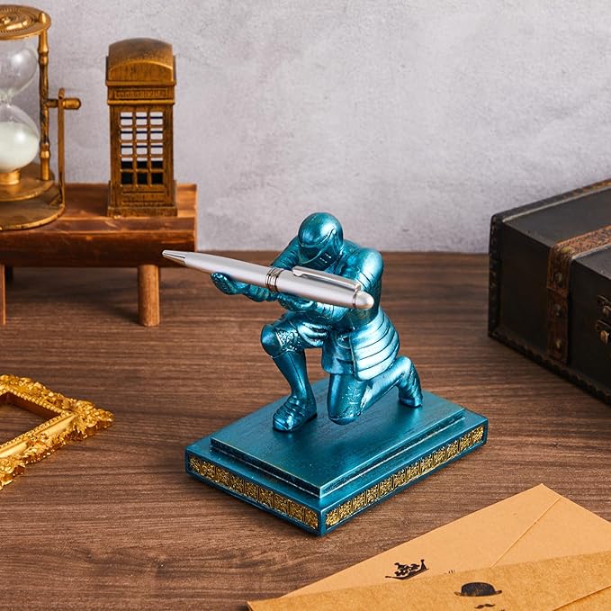 Spakon Knight Pen Holder with 2 Pens Resin Desk Organizers and Accessories Funny Executive Pen Stand Fancy Cool Office Gadgets Cool Desk Decorations for Men Home Supplies(Classic,Blue)