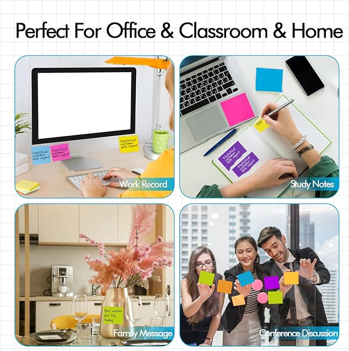 24 Pack Sticky Notes Small,2 x 1.5In Super Sticking Power Memo Pads,12 Assorted Colors Self-Stick Pads,100 Sheets/Pad Strong Adhesive Notes for Home,School,Office,Use on Walls,Doors,Windows