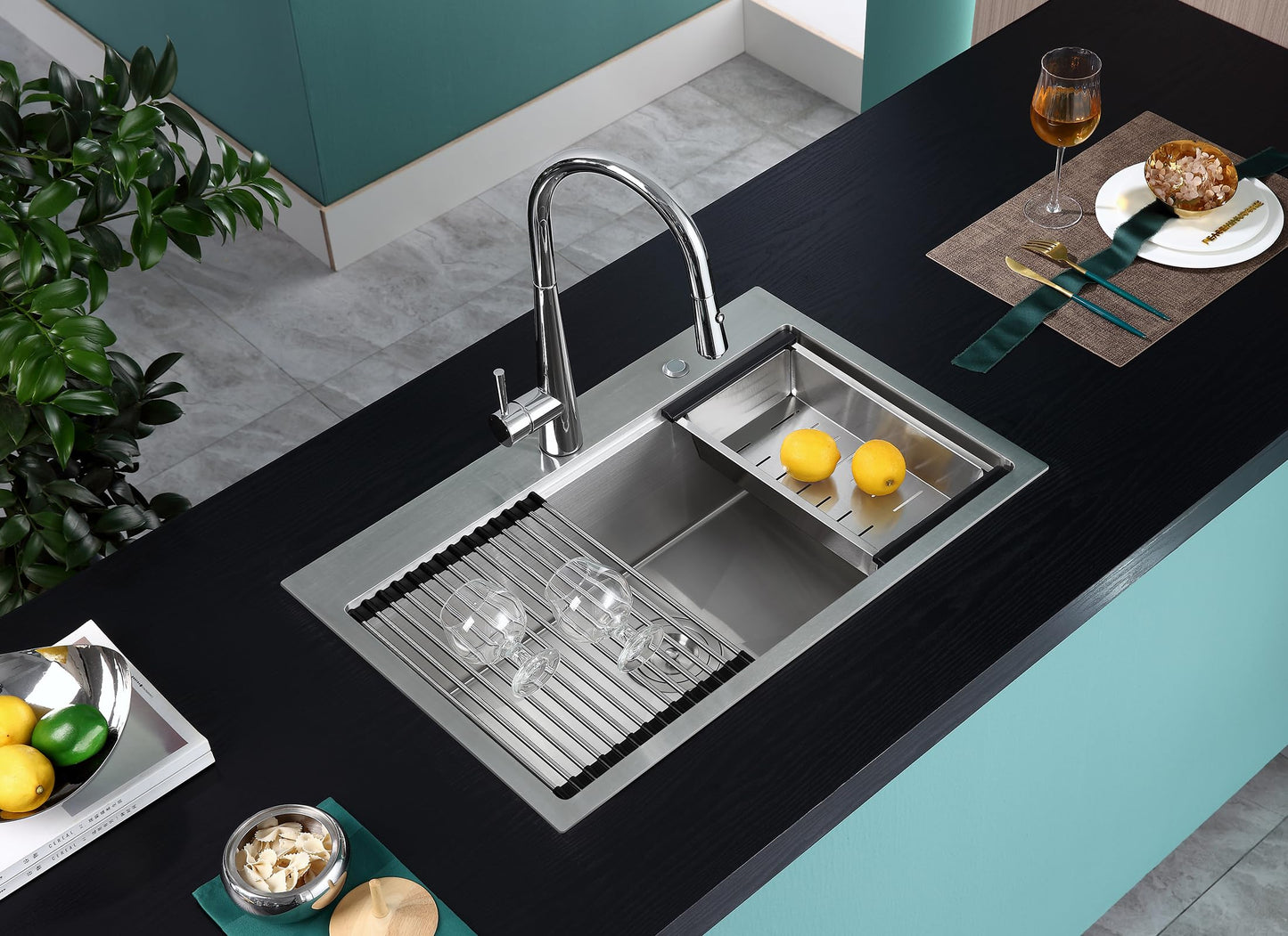 MENATT 28 inch Drop In Kitchen Sink with Ledge, 2 Faucet Hole Single Bowl Workstation Sink, 18 Gauge 304 Stainless Steel Top Mount Kitchen Sink with Accessories
