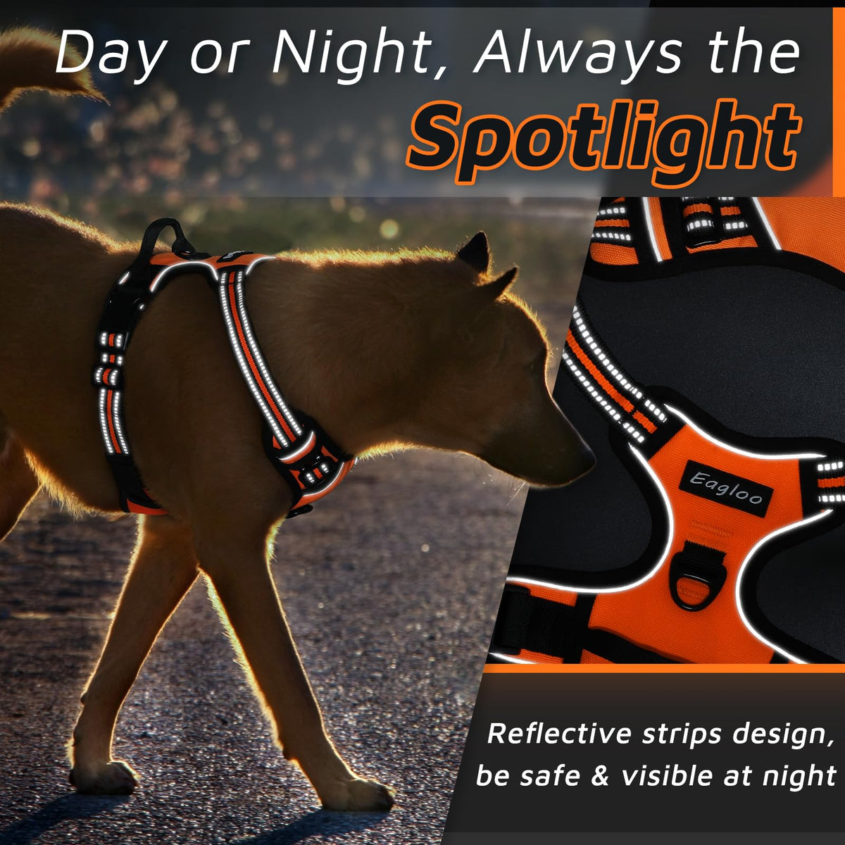 Eagloo Dog Harness for Large Dogs, No Pull Service Vest with Reflective Strips and Control Handle, Adjustable and Comfortable for Easy Walking, No Choke Pet Harness with 2 Metal Rings, Orange, L