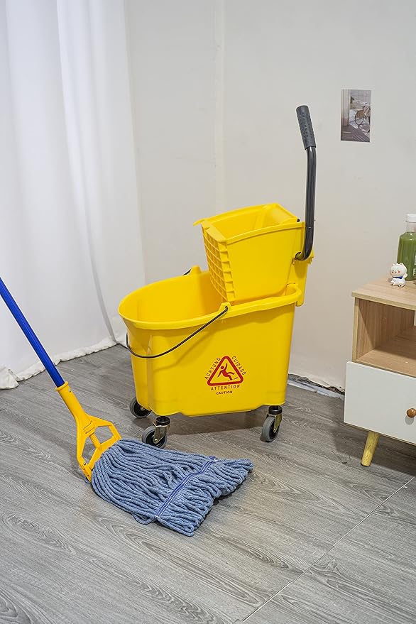 Matthew Cleaning 38 Quart Commercial Mop Bucket INCL.Wet String Mop with Side Press Wringer On Wheels,Heavy Duty Tandem Portable Floor Cleaning Wavebrake,Ideal for Household,Industrial,Restaurant