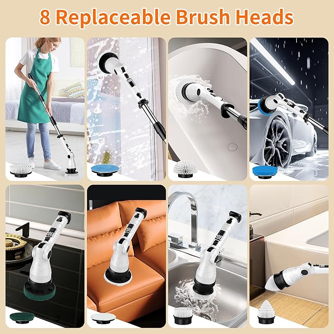 Electric Spin Scrubber, Power Electric Scrubber for Cleaning, Shower Cordless Cleaning Brush with 6 Adjustable Angles,8 Brush Heads, 3 Speed Mode, Electric Cleaning Brush for Bathroom/Tub/Floor/Tile
